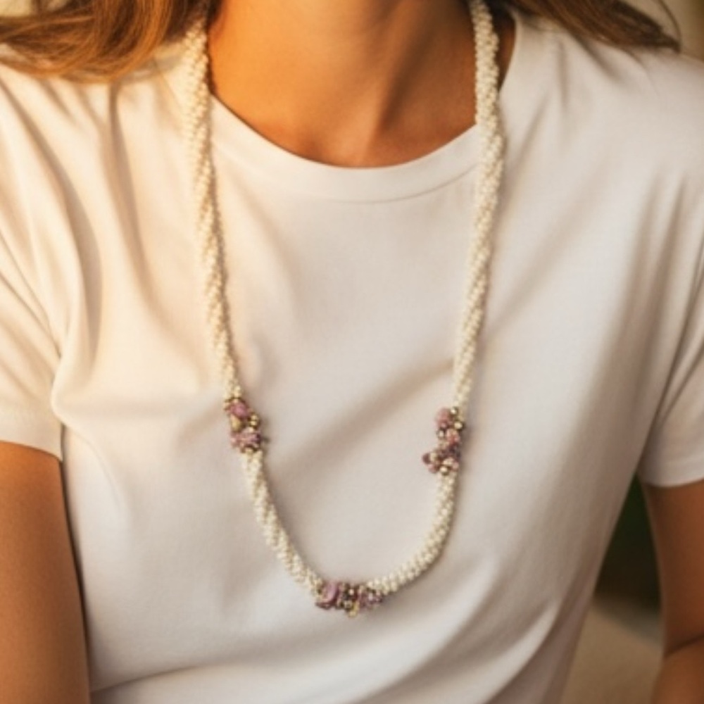 Twisted White Glass Seed Bead Necklace with Purple Shell Chips